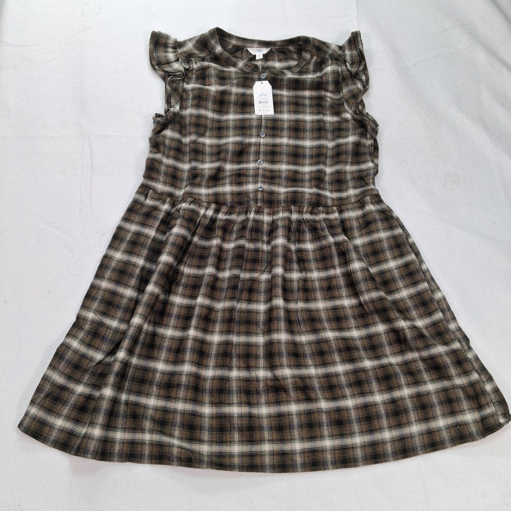 Time and Tru Mini Dress Womens L Flutter Black Soot Plaid Button Front NEW
